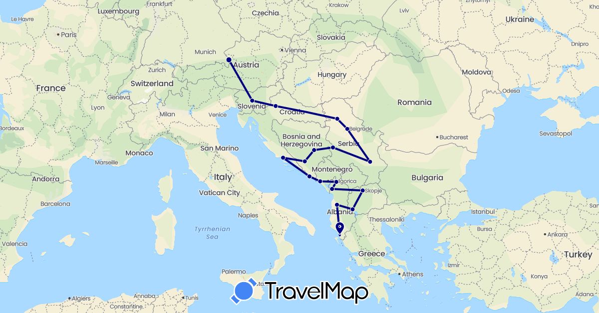 TravelMap itinerary: driving in Albania, Austria, Bosnia and Herzegovina, Croatia, Montenegro, Macedonia, Serbia, Slovenia (Europe)